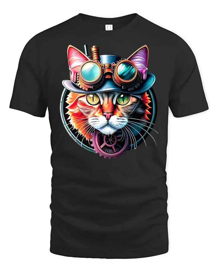 Vintage Gear Cat Tee - black t-shirt on white background