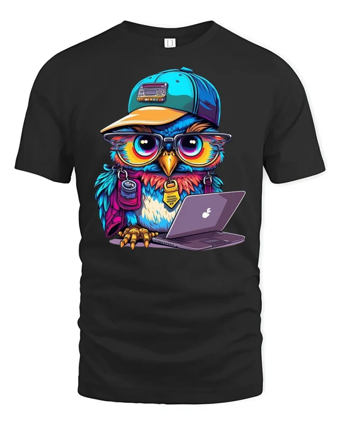 Nerdy Owl Tee - Cool Gamer Bird Graphic - black t-shirt on white background