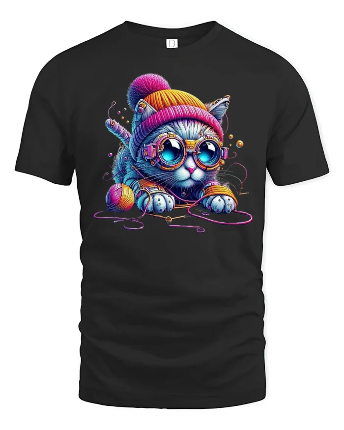 Cool Cat in Beanie T-Shirt - black t-shirt on white background