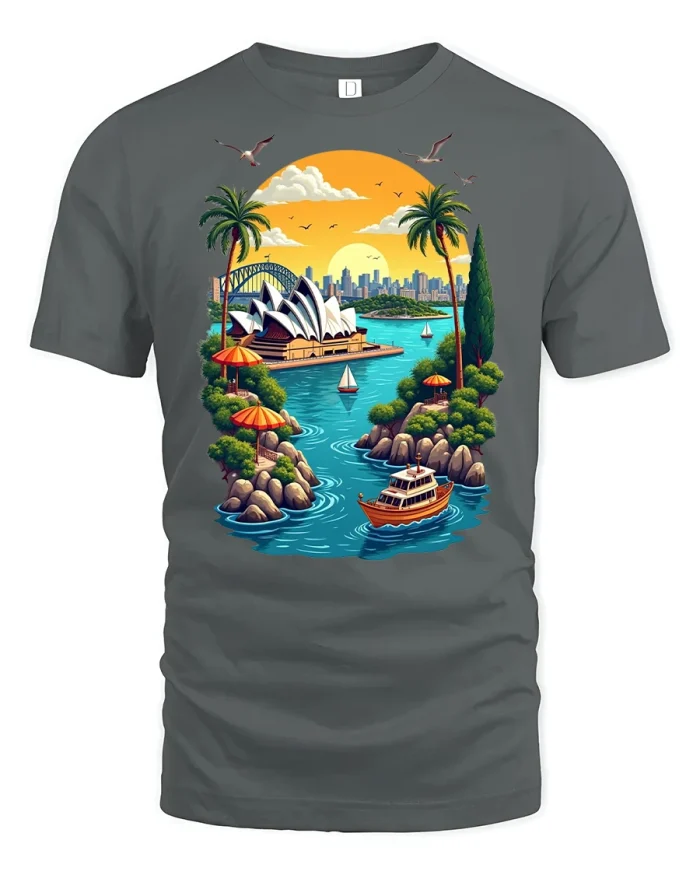 Sydney Harbour T-Shirt - Vibrant Travel Art - gray t-shirt on white background