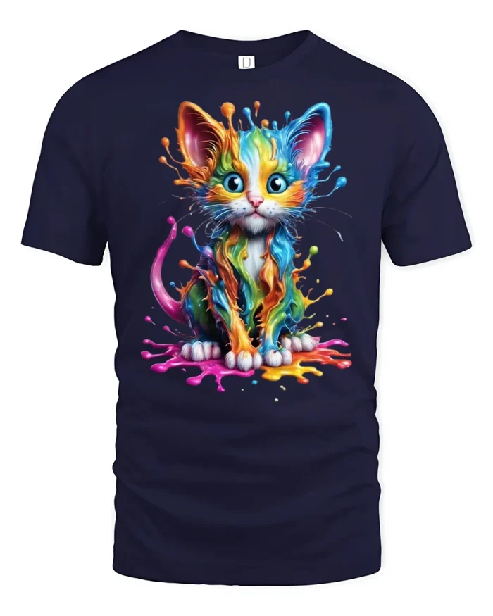 Rainbow Paint Splash Cat Tee - navy t-shirt on white background