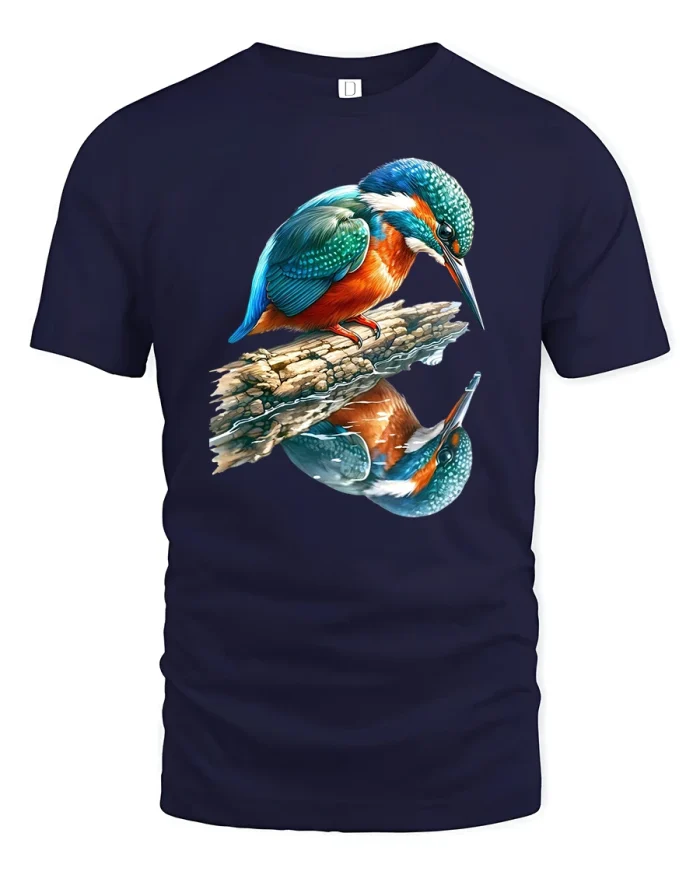 Kingfisher Reflection T-Shirt - Artistic Nature Bird - navy t-shirt on white background