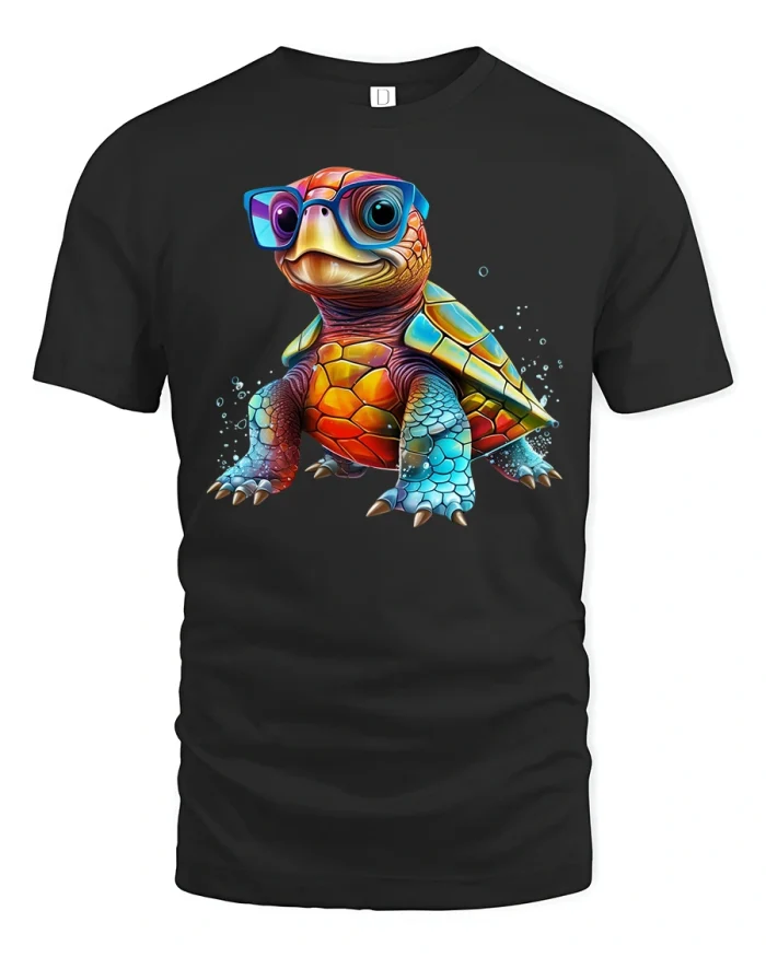 Cool Neon Turtle with Shades Tee - black t-shirt on white background