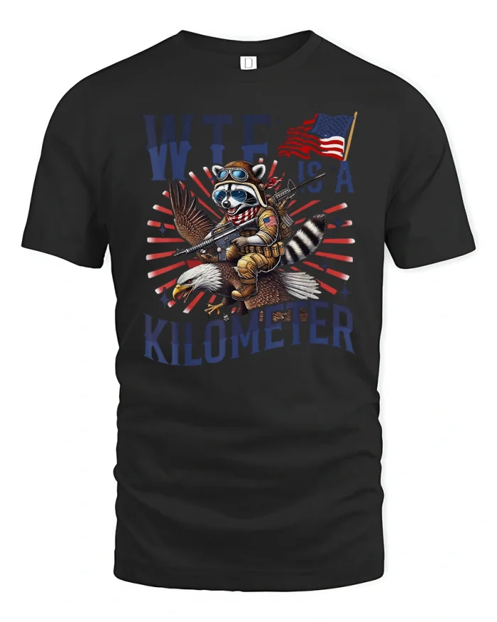 Funny Raccoon Eagle WTF Kilometer Tee - black t-shirt on white background