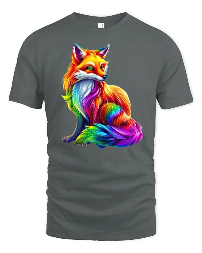 Vibrant Rainbow Fox Art Tee - gray t-shirt on white background