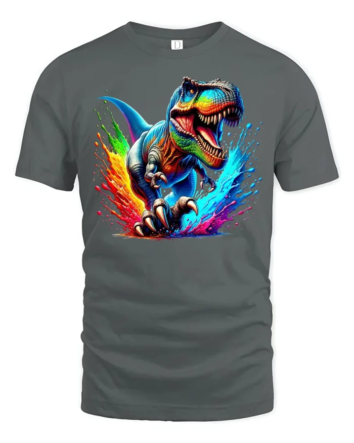 Fierce Rainbow T-Rex Dinosaur Tee - gray t-shirt on white background