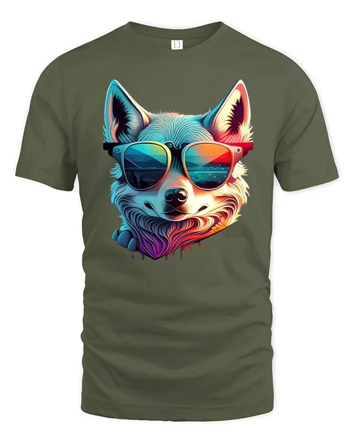 Cool Dog Sunglasses Sunset Beach Tee - military green t-shirt on white background