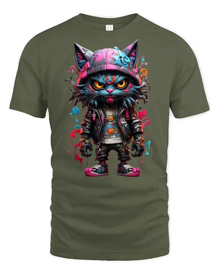 Street Style Graffiti Cat Urban Vibes T-Shirt - military green t-shirt on white background