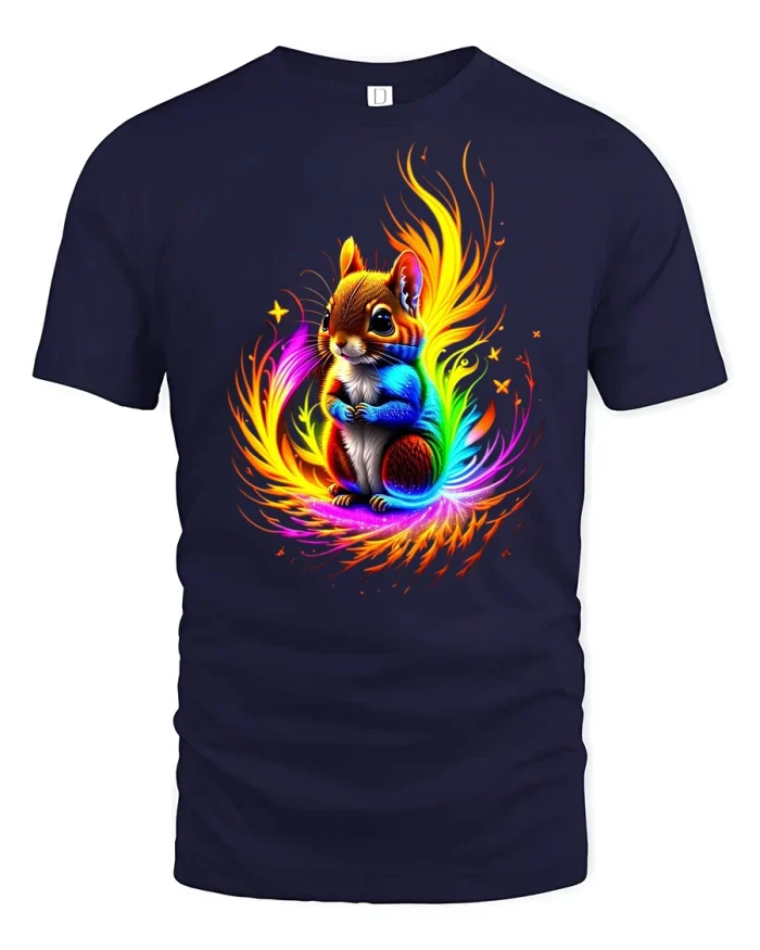 Neon Rainbow Squirrel Fantasy Art Tee - navy t-shirt on white background