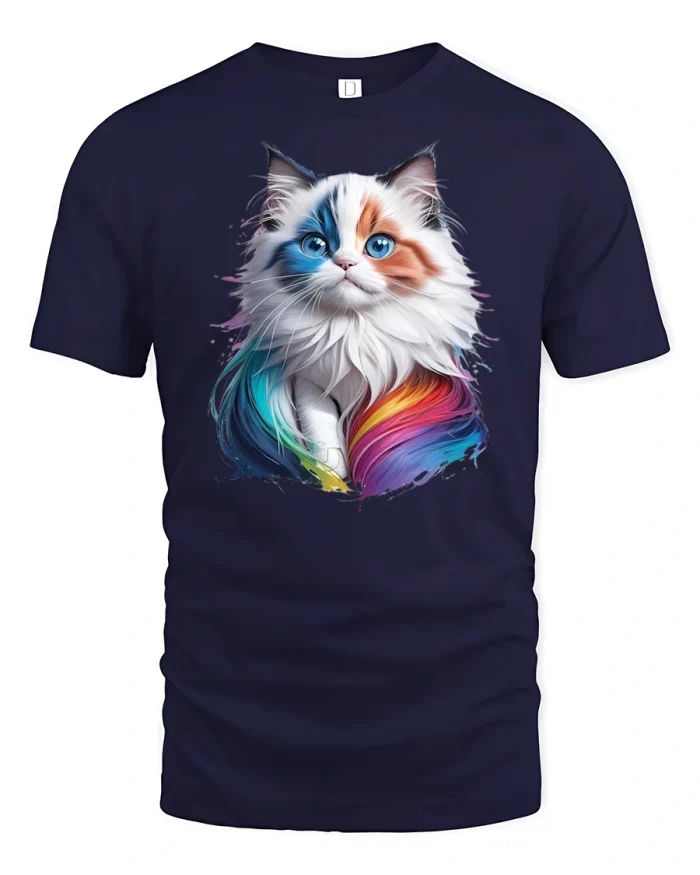 Rainbow Fluff Blue-Eyed Cat Tee - navy t-shirt on white background