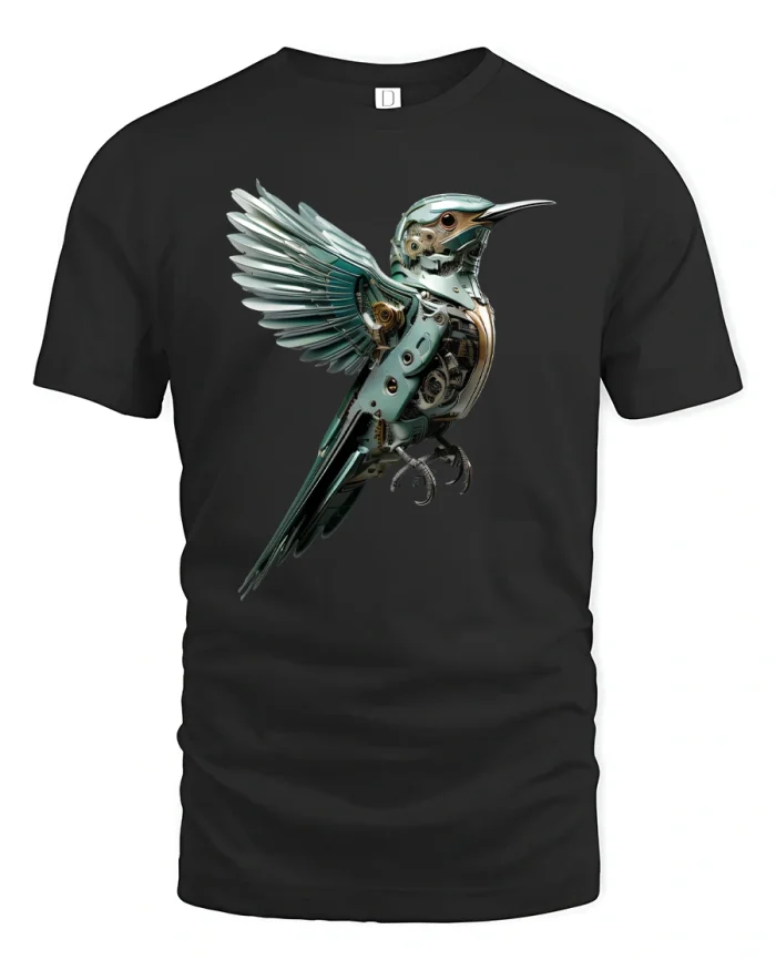 Cyber Hummingbird Robot Tee - black t-shirt on white background
