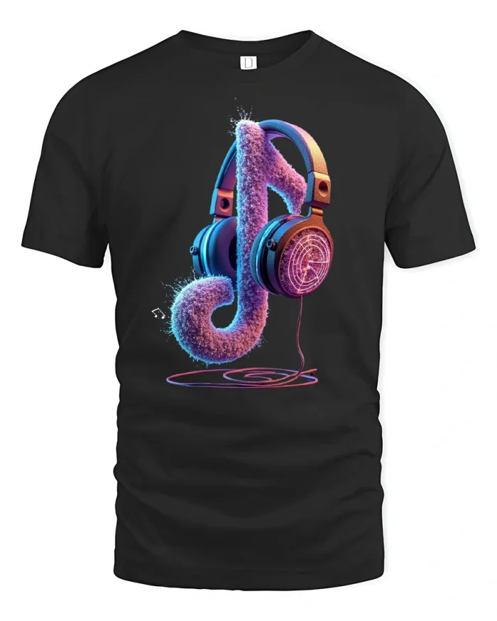 Neon Music Note Headphones Tee - black t-shirt on white background
