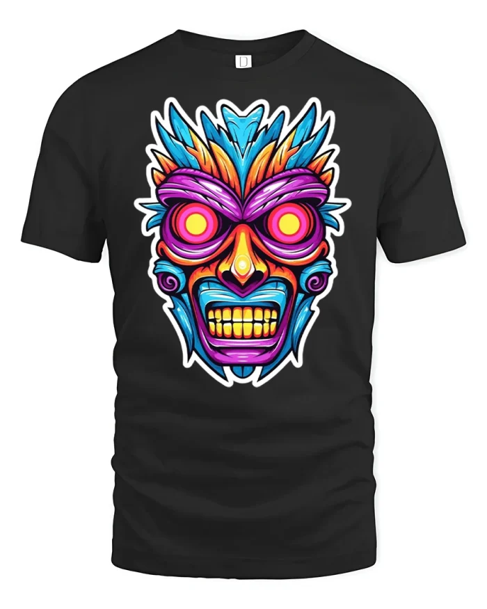 Neon Tribal Mask Vibrant Graphic Tee - black t-shirt on white background
