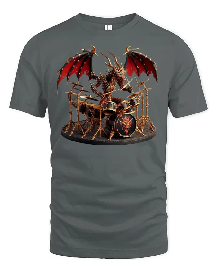 Dragon Metal Drummer Fantasy Rock Tee - gray t-shirt on white background