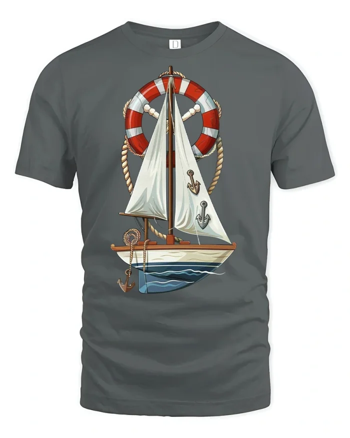 Nautical Sailboat and Lifebuoy Ocean Tee - gray t-shirt on white background