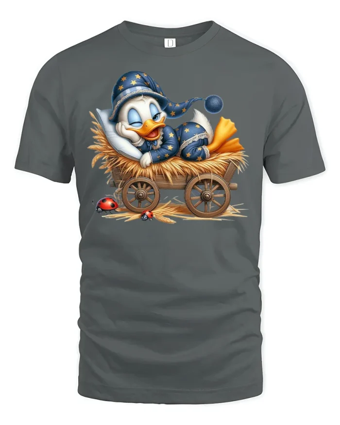 Sleepy Duck in Pajamas Cozy Cartoon Tee - gray t-shirt on white background