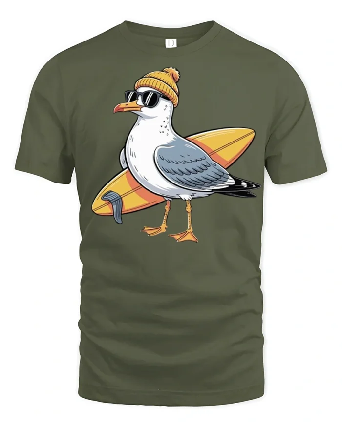 Cool Surfing Seagull with Shades Tee - military green t-shirt on white background