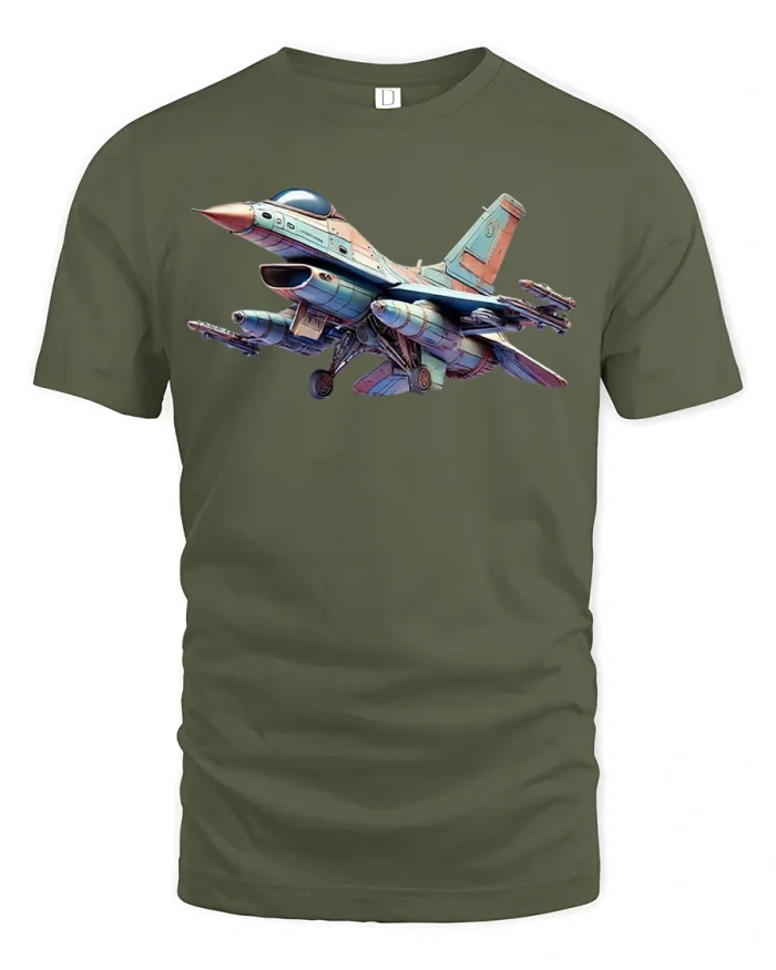 Fighter Jet Graphic Tee - military green t-shirt on white background
