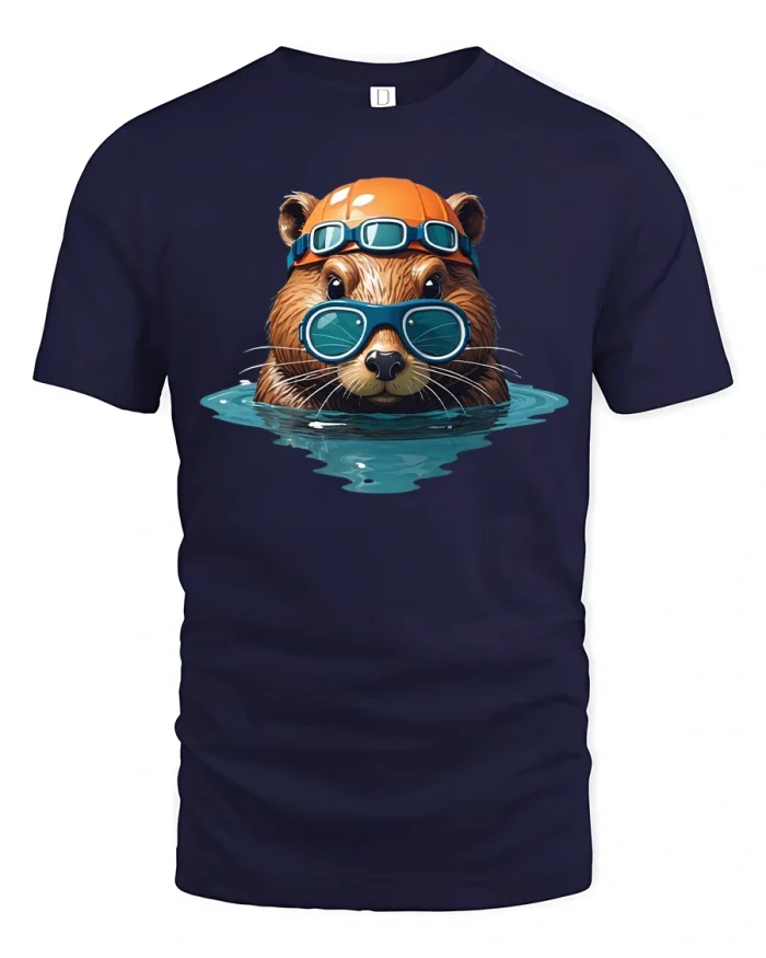 Cool Swimming Beaver with Goggles Tee - navy t-shirt on white background