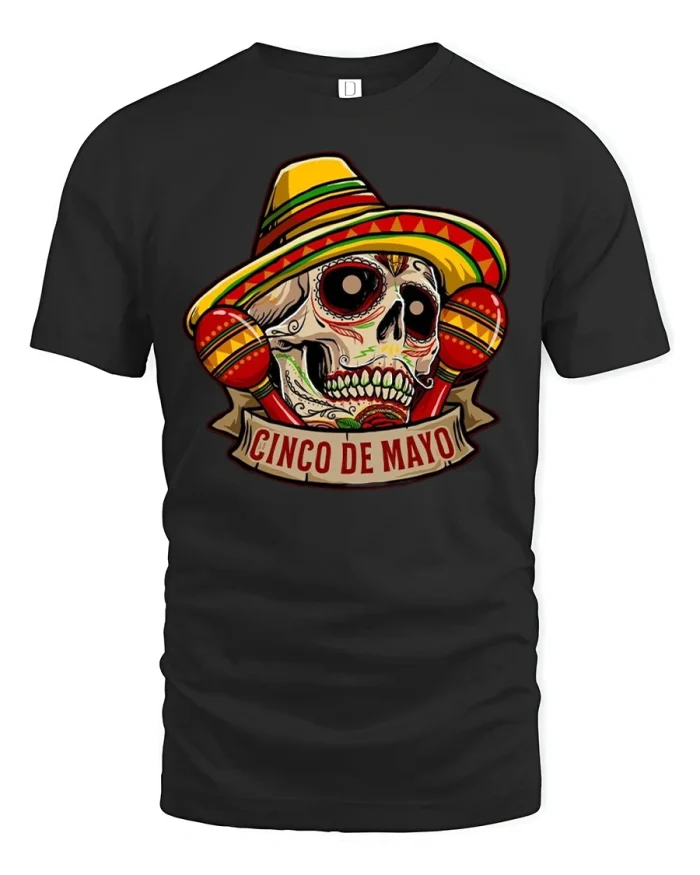 Cinco de Mayo Fiesta Skull Tee - black t-shirt on white background