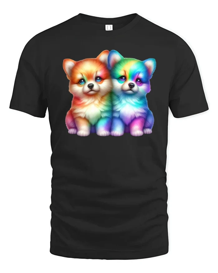 Rainbow Puppies Cute Tee - black t-shirt on white background