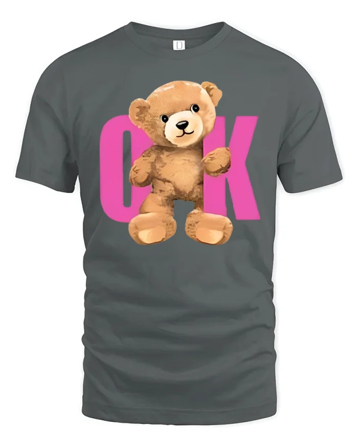 Funny OK Teddy Bear Tee - gray t-shirt on white background