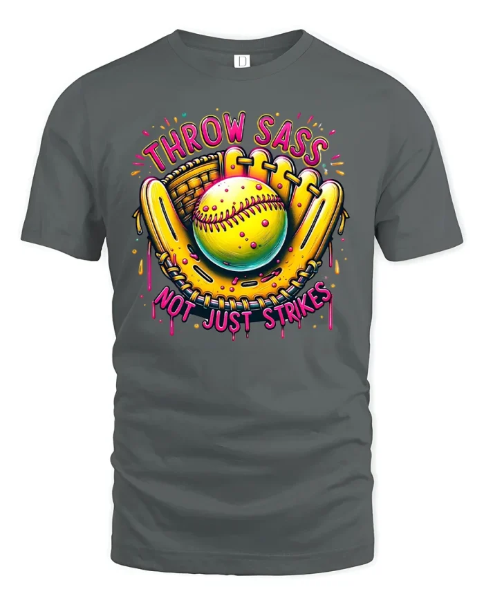 Throw Sass Not Strikes Softball Tee - gray t-shirt on white background
