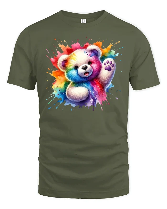 Teddy Bear Tee with Color Splash - military green t-shirt on white background