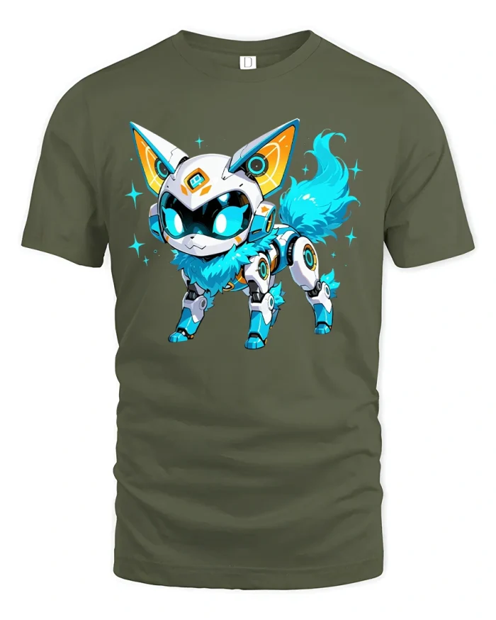 Futuristic Cyber Cat Tee - military green t-shirt on white background