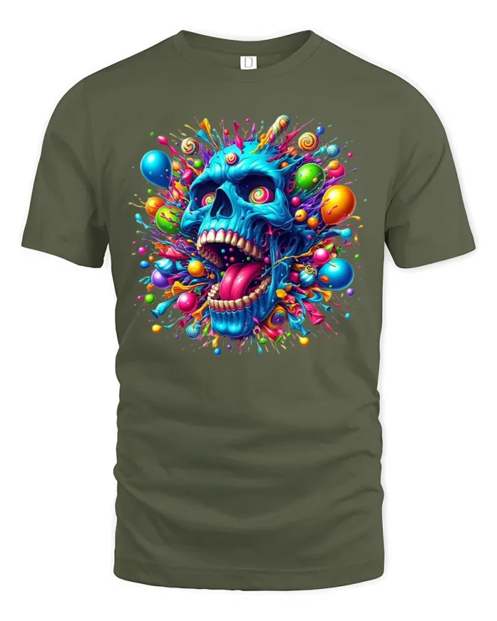 Psychedelic Skull Explosion Tee - military green t-shirt on white background
