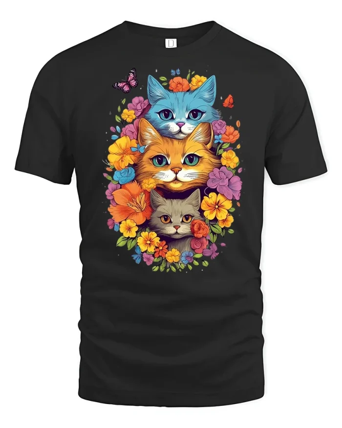 Colorful Cats and Flowers Tee - black t-shirt on white background