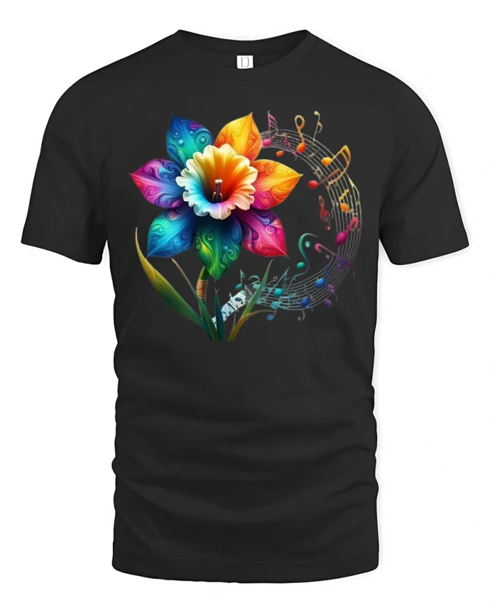 Colorful Music Flower Tee - black t-shirt on white background