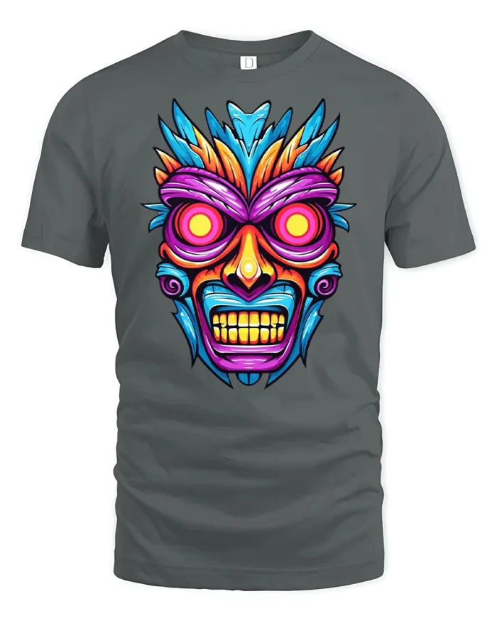 Neon Tribal Mask T-Shirt - gray t-shirt on white background