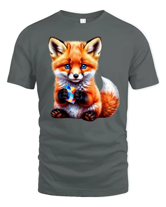 Cute Fox T-Shirt with Puzzle - gray t-shirt on white background