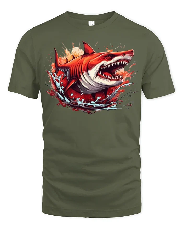Shark Attack Ocean Splash Tee - military green t-shirt on white background
