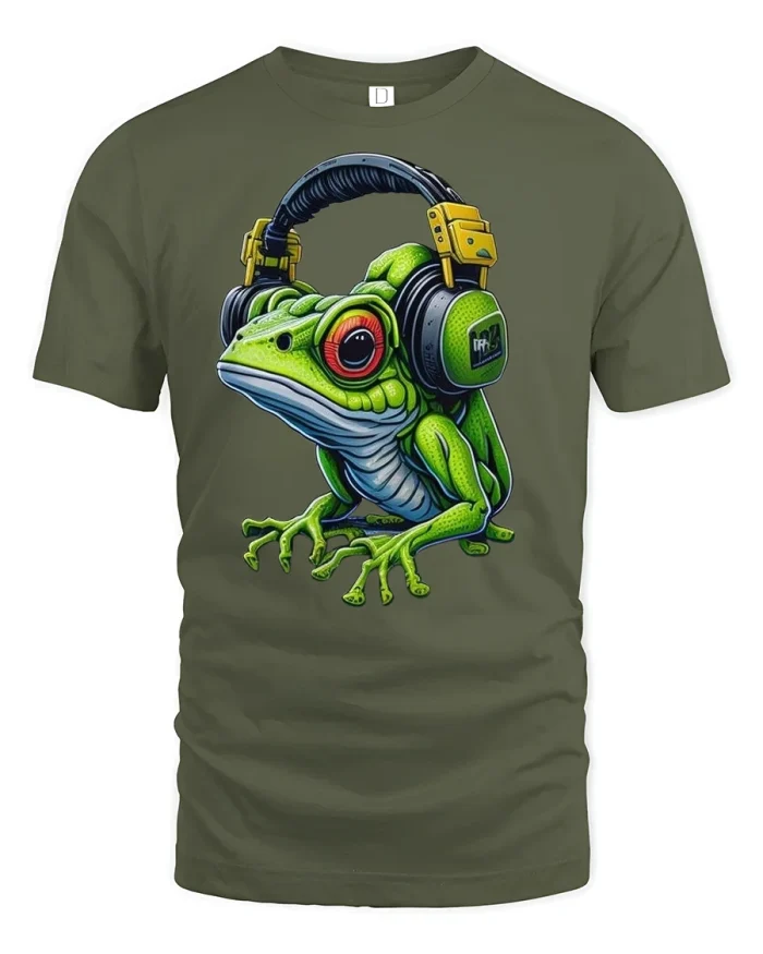 Cool Frog DJ Tee - military green t-shirt on white background