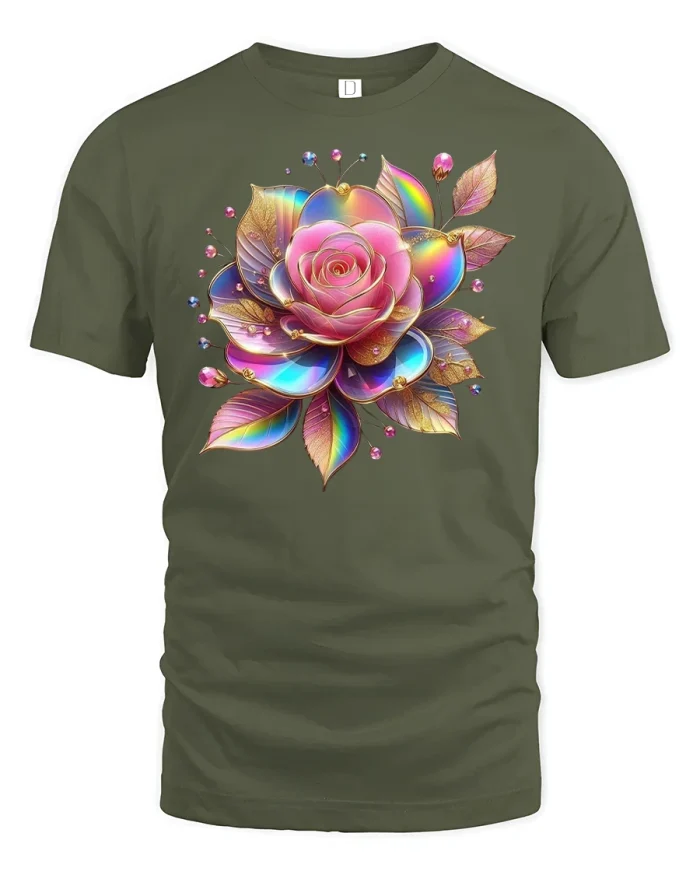 Elegant Rainbow Rose Bloom Tee - military green t-shirt on white background