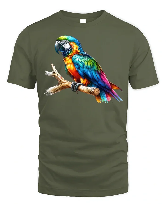 Colorful Parrot Perch Graphic Tee - military green t-shirt on white background