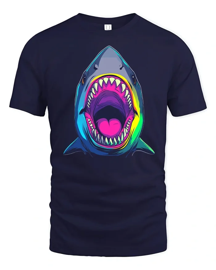 Neon Shark Attack Graphic Tee - navy t-shirt on white background