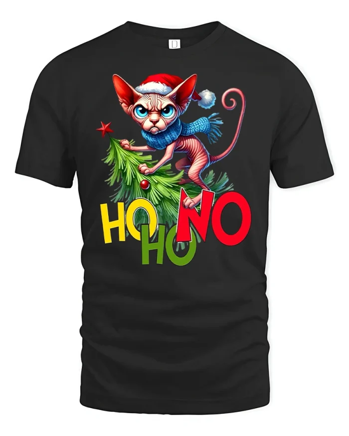 Funny Sphynx Cat Christmas Tee - black t-shirt on white background