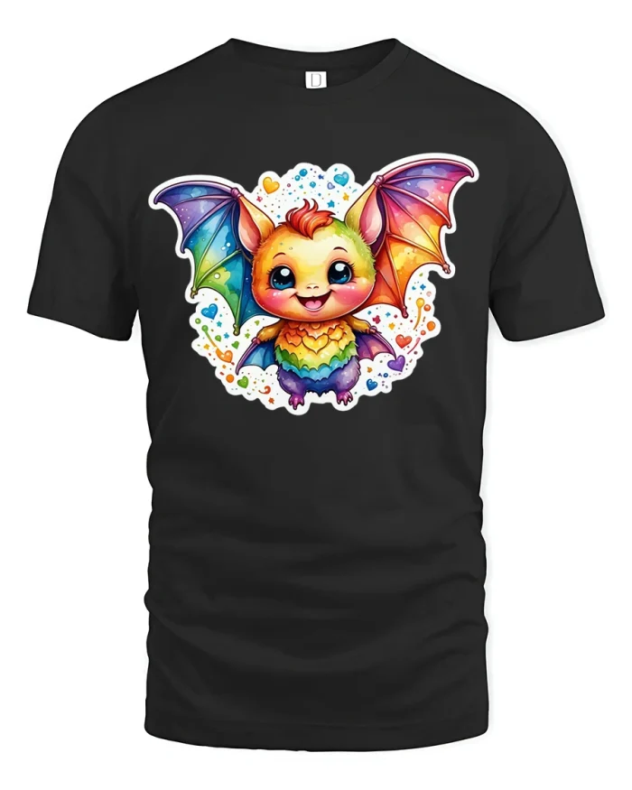 Cute Rainbow Bat T-Shirt - black t-shirt on white background