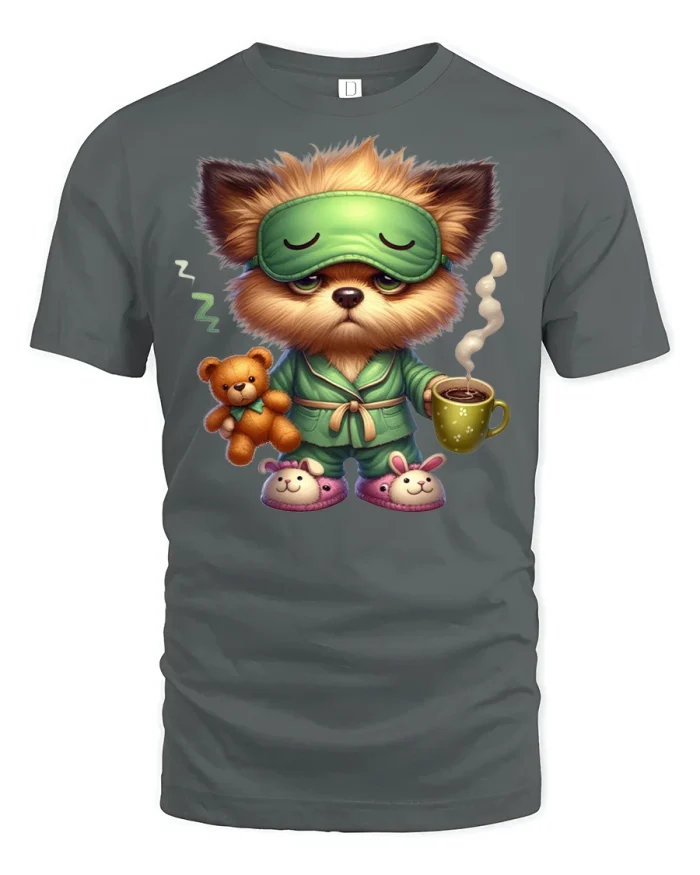 Sleepy Puppy With Coffee Cup T-Shirt - gray t-shirt on white background