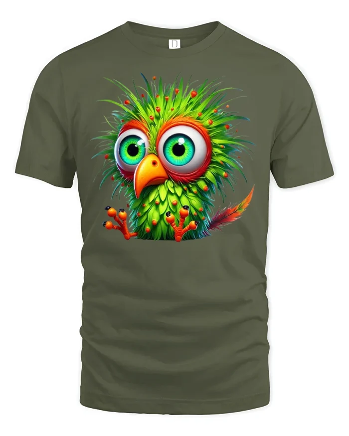 Funny Big Eyed Parrot T-Shirt - military green t-shirt on white background