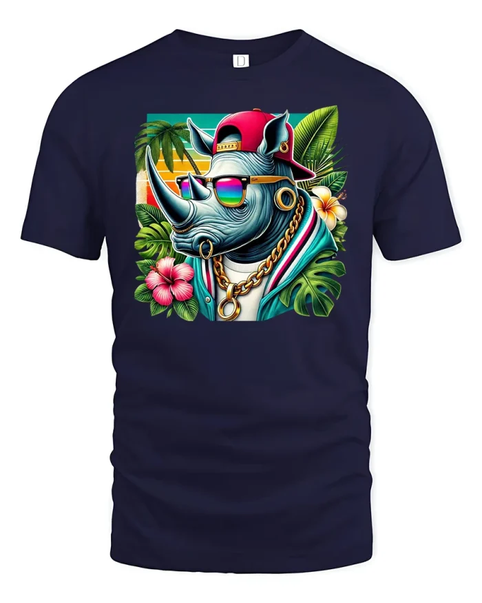 Cool Rhino T-Shirt with Tropical Hip Hop Style - navy t-shirt on white background