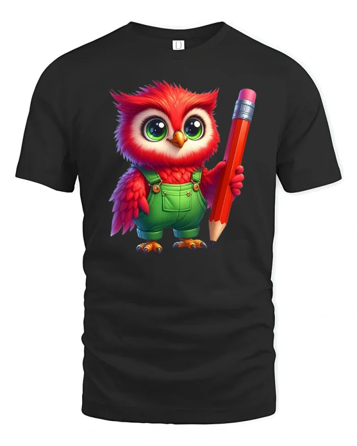 Cute Red Owl with Pencil Tee - black t-shirt on white background
