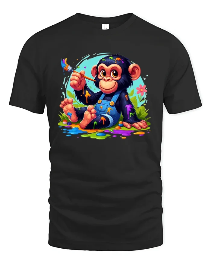 Cute Monkey Painter T-Shirt - black t-shirt on white background