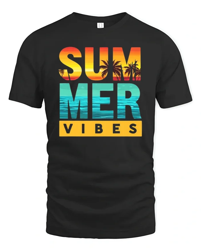 Summer Vibes Beach Sunset T-Shirt - black t-shirt on white background