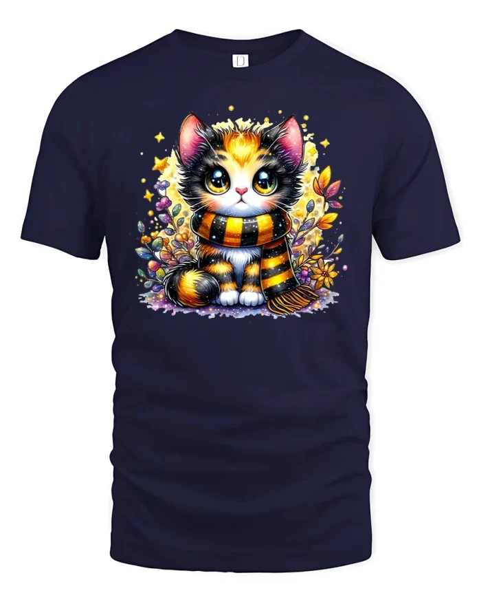 Cute Autumn Cat Tee - navy t-shirt on white background