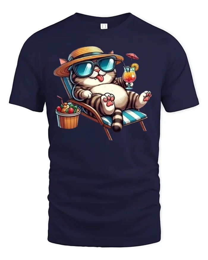 Relaxing Summer Cat Tee - navy t-shirt on white background