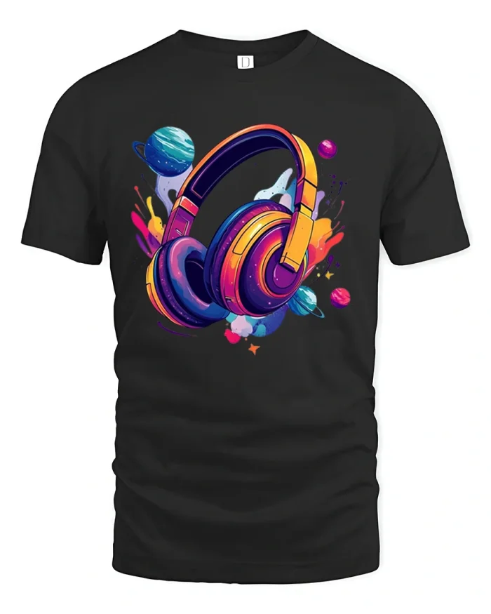 Cosmic Headphones Galaxy Music Tee - black t-shirt on white background
